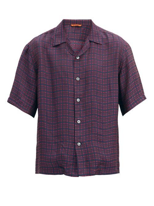 Matchesfashion.com Barena Venezia - Solana Cuban-collar Checked-jacquard Shirt - Mens - Navy Multi