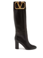 Matchesfashion.com Valentino Garavani - Supervee Logo-plaque Knee-high Leather Boots - Womens - Black