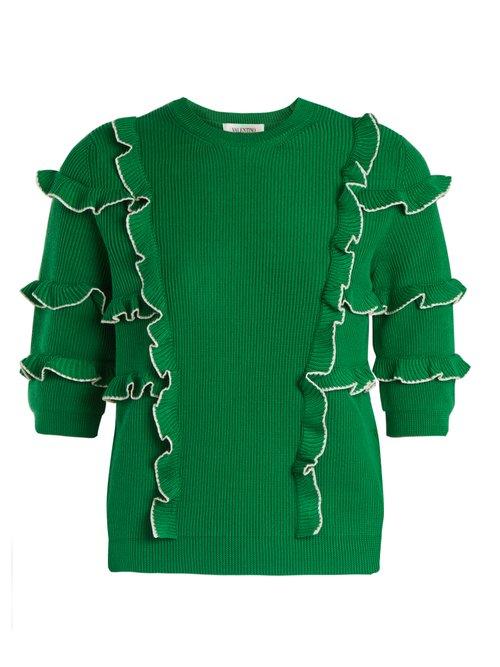 Matchesfashion.com Valentino - Ruffle Trimmed Ribbed Knit Cotton Sweater - Womens - Green White