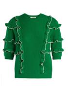 Matchesfashion.com Valentino - Ruffle Trimmed Ribbed Knit Cotton Sweater - Womens - Green White