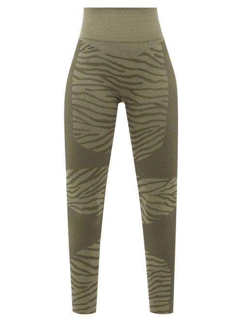 Adidas By Stella Mccartney - Zebra-stripe Jersey Leggings - Womens - Khaki Stripe