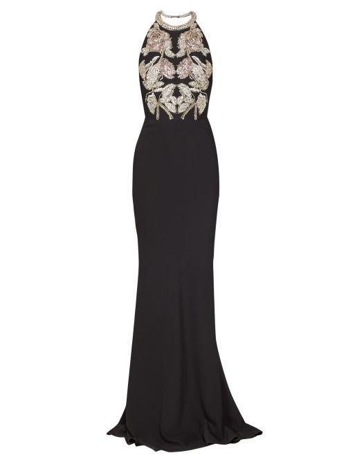 Matchesfashion.com Alexander Mcqueen - Crystal Embellished Halterneck Crepe Gown - Womens - Black
