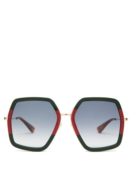 Matchesfashion.com Gucci - Web Striped Geometric Acetate & Metal Sunglasses - Womens - Green Multi