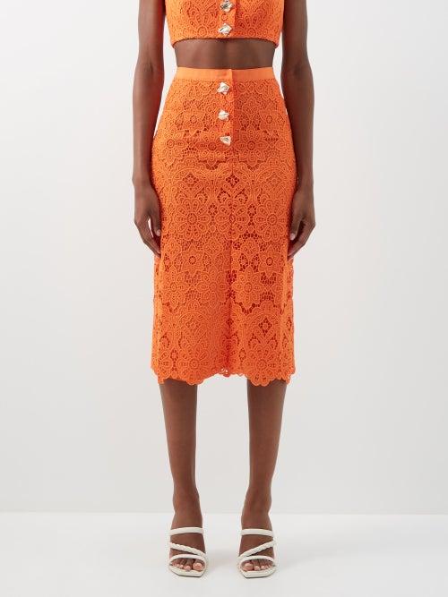 Self-portrait - Guipure-lace Midi Skirt - Womens - Orange