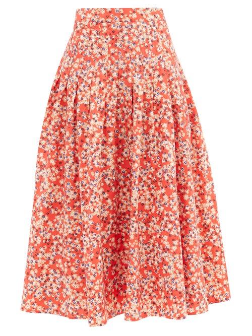 Matchesfashion.com Merlette - Harper Floral-print Cotton-poplin Midi Skirt - Womens - Red Print