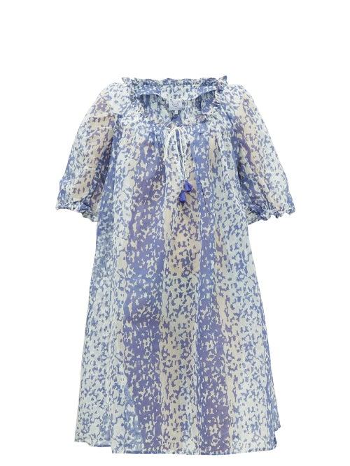 Matchesfashion.com Thierry Colson - Eva Drawcord-neckline Printed Cotton-blend Dress - Womens - Blue