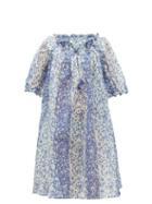Matchesfashion.com Thierry Colson - Eva Drawcord-neckline Printed Cotton-blend Dress - Womens - Blue