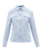 Ladies Rtw Balmain - Striped Cotton-poplin Shirt - Womens - Blue