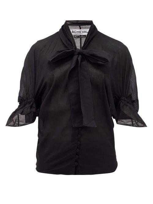 Matchesfashion.com Cheval Pampa - Chiquita Pussy-bow Cotton-voile Blouse - Womens - Black
