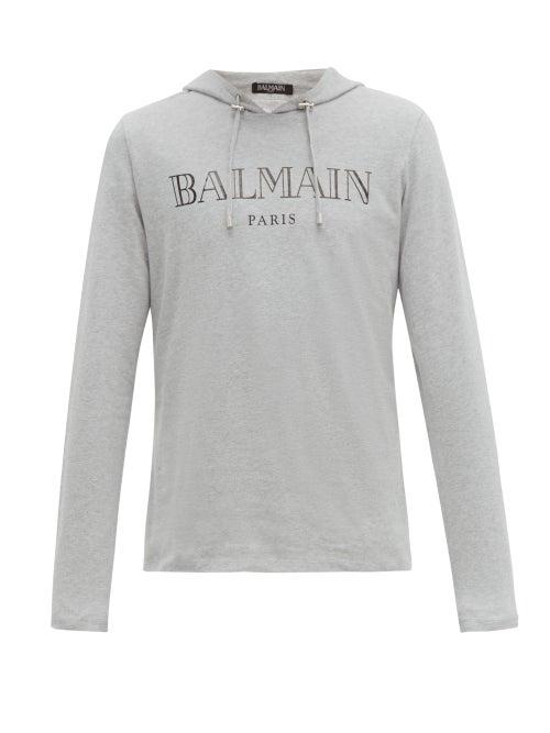 Matchesfashion.com Balmain - Logo Print Brushed Cotton Jersey Hooded Sweatshirt - Mens - Grey