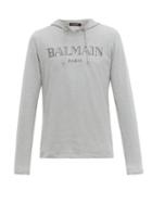Matchesfashion.com Balmain - Logo Print Brushed Cotton Jersey Hooded Sweatshirt - Mens - Grey