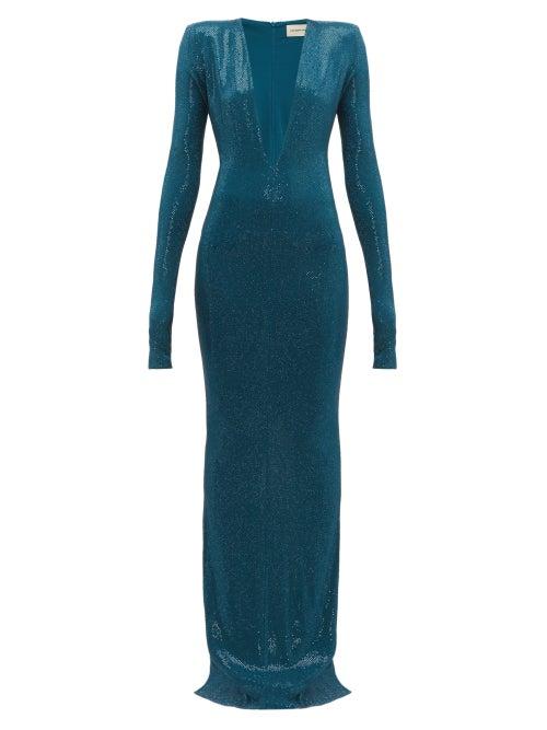 Matchesfashion.com Alexandre Vauthier - Crystal Embellished Plunge Neck Gown - Womens - Blue