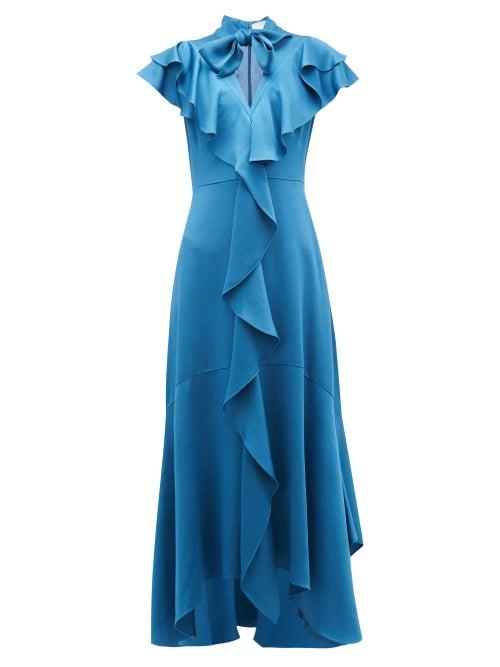 Matchesfashion.com Peter Pilotto - Ruffled Hammered Satin Midi Dress - Womens - Navy Multi