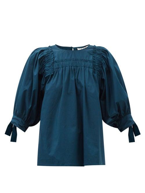Sea - Gaia Ruched Cotton-blend Poplin Blouse - Womens - Dark Blue