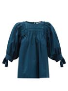 Sea - Gaia Ruched Cotton-blend Poplin Blouse - Womens - Dark Blue
