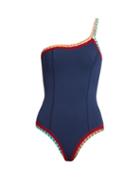 Matchesfashion.com Kiini - Tasmin Crochet Trimmed One Shoulder Swimsuit - Womens - Navy Multi