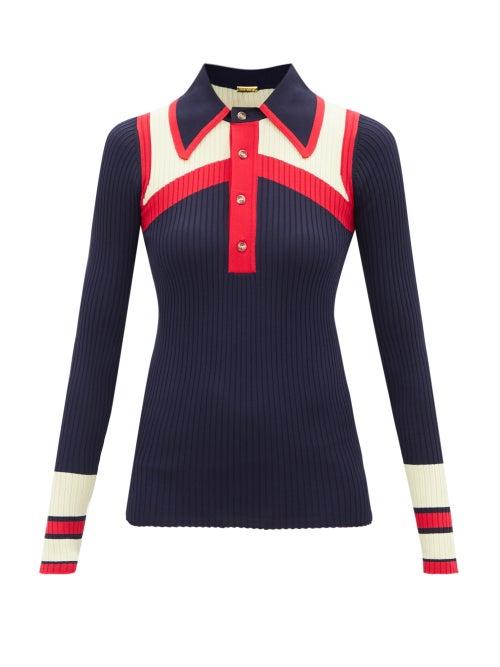 Dodo Bar Or - Taylor Point-collar Ribbed-knit Top - Womens - Navy Multi