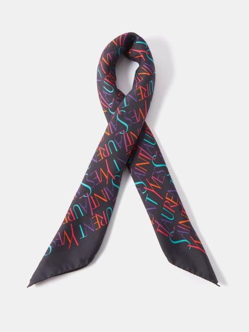 Saint Laurent - Logo-print Silk-twill Scarf - Womens - Black Multi