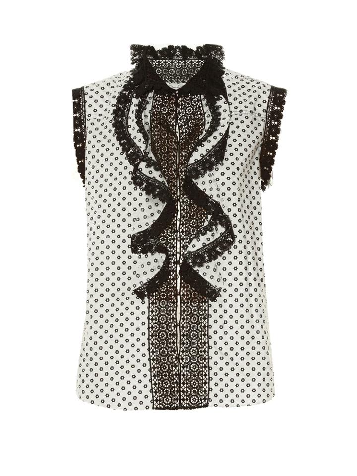 Oscar De La Renta Daisy-print Lace-trimmed Top