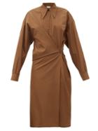 Matchesfashion.com Lemaire - Exaggerated-collar Cotton-poplin Wraparound Dress - Womens - Brown