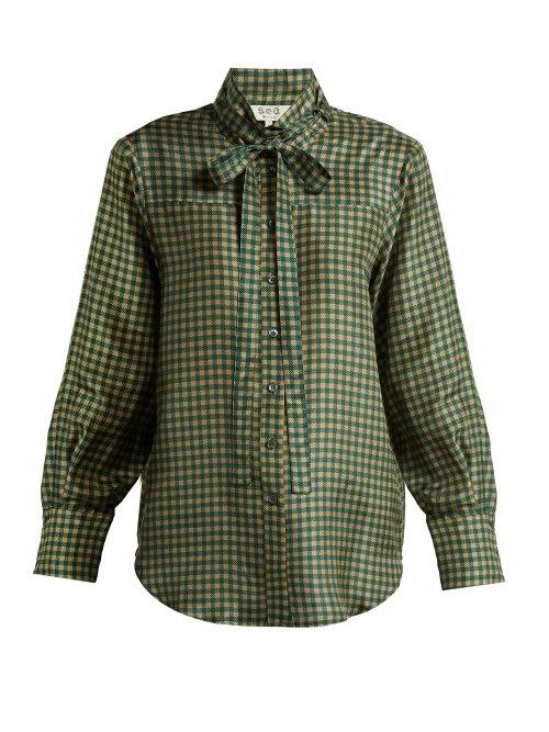 Matchesfashion.com Sea - Ethno Pop Tie Neck Plaid Silk Blouse - Womens - Green Multi