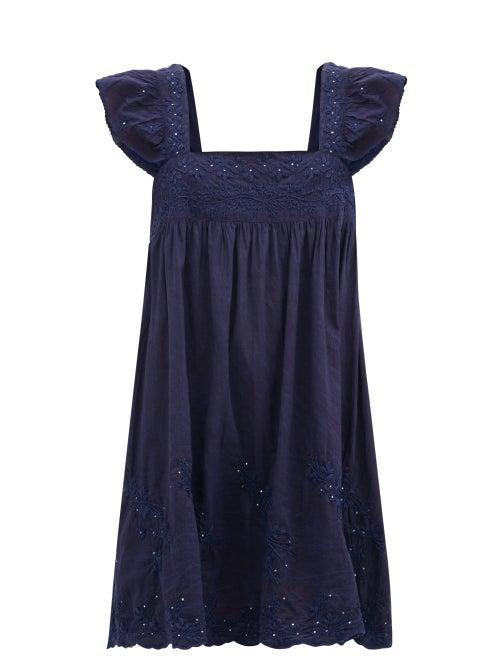 Matchesfashion.com Juliet Dunn - Ruffle-sleeve Floral-embroidered Cotton Mini Dress - Womens - Navy