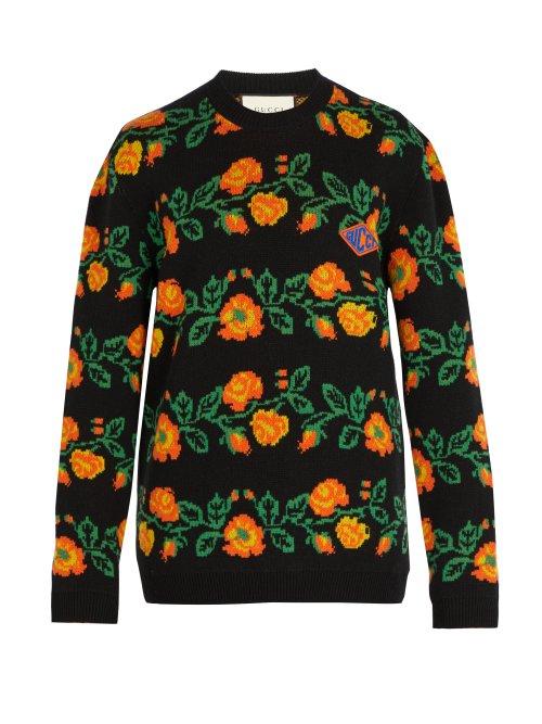Matchesfashion.com Gucci - Floral Crew Neck Logo Patch Sweater - Mens - Black