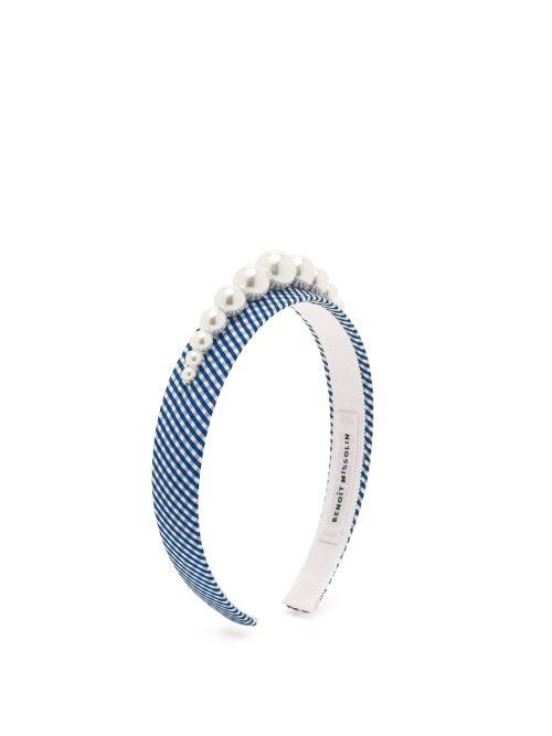 Matchesfashion.com Benot Missolin - Stella Faux Pearl-embellished Gingham Headband - Womens - Blue Print