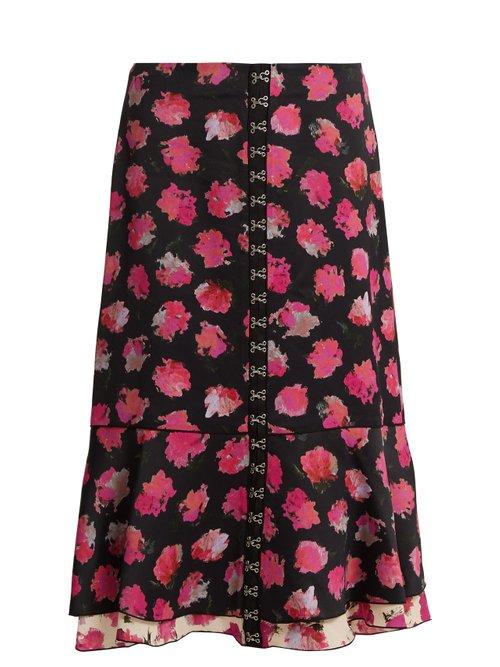 Matchesfashion.com Proenza Schouler - Carnation Print Fluted Midi Skirt - Womens - Black Pink