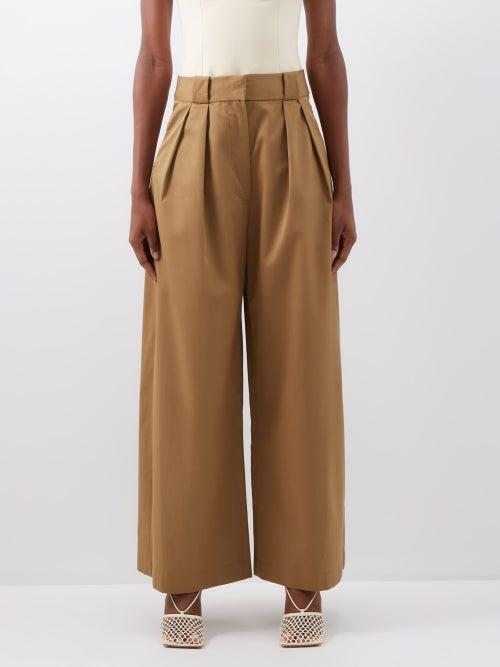 Khaite - Rico Pleated Cotton-twill Wide-leg Trousers - Womens - Light Khaki