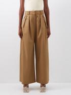 Khaite - Rico Pleated Cotton-twill Wide-leg Trousers - Womens - Light Khaki
