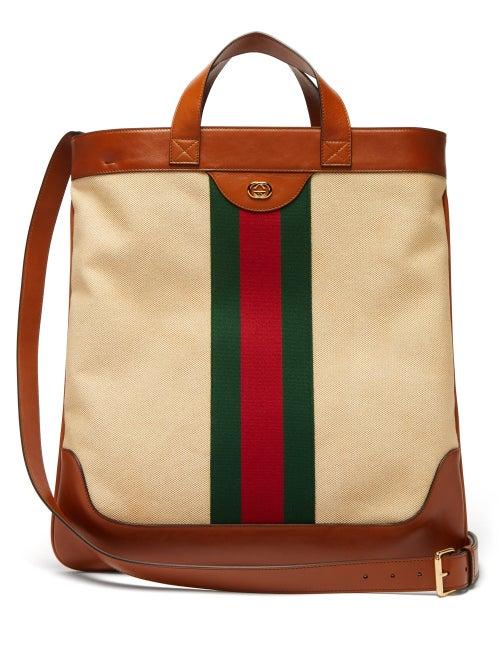 Matchesfashion.com Gucci - Web Stripe Canvas And Leather Tote Bag - Mens - Cream Multi