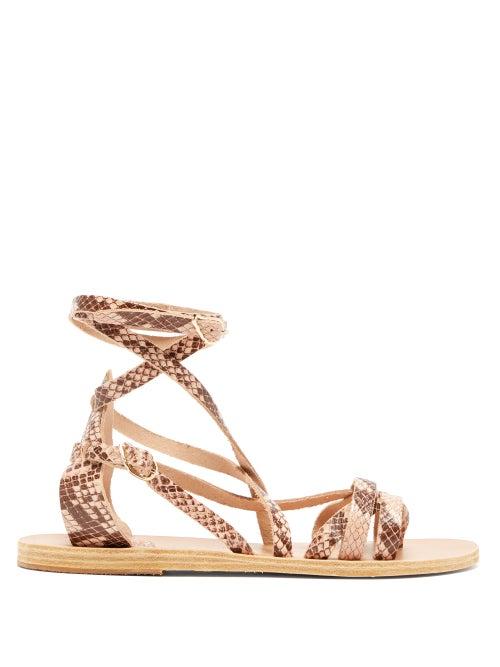 Matchesfashion.com Ancient Greek Sandals - Satira Wrap Around Python Effect Leather Sandals - Womens - Pink Multi