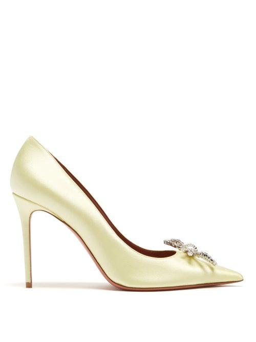 Amina Muaddi - Rosie Crystal-bow Silk-satin Pumps - Womens - Light Yellow