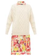 Matchesfashion.com Junya Watanabe - Cable Knit Wool And Floral Print Crepe Dress - Womens - Cream Multi