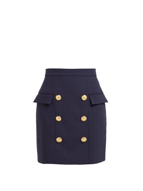 Matchesfashion.com Balmain - Six Button Wool Skirt - Womens - Navy