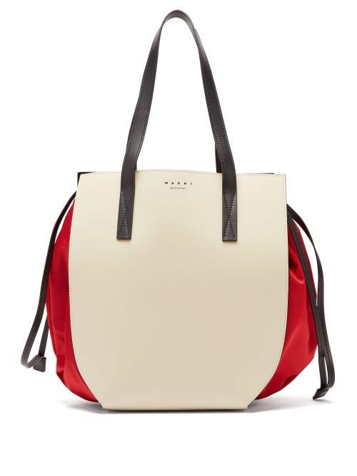 Matchesfashion.com Marni - Gusset Leather And Shell Drawstring Tote Bag - Womens - White Multi