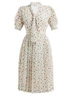 Matchesfashion.com Alessandra Rich - Tropical Print Pleated Back Silk Dress - Womens - White Multi