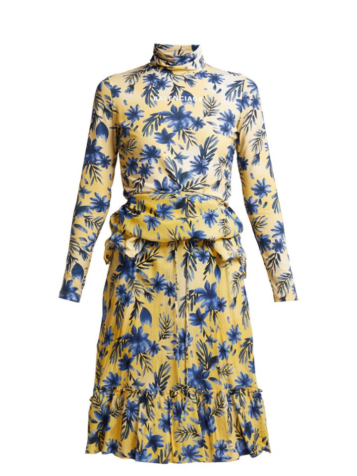 Balenciaga Floral-print Stretch-jersey And Silk-crepe Dress