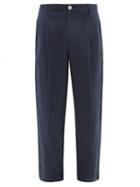 Harago - Embroidered Side-seam Pleated Linen Trousers - Mens - Navy