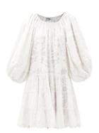 Matchesfashion.com Juliet Dunn - Balloon-sleeve Palladio Block-print Cotton Dress - Womens - White