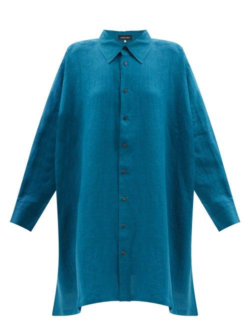 Eskandar - Longline Side Slit Linen Shirt - Womens - Dark Blue