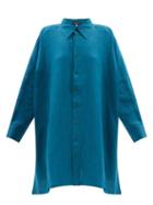 Eskandar - Longline Side Slit Linen Shirt - Womens - Dark Blue
