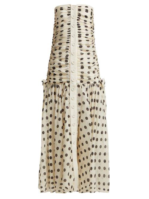 Matchesfashion.com Zimmermann - Corsage Ruched Polka Dot Linen Blend Dress - Womens - Black White