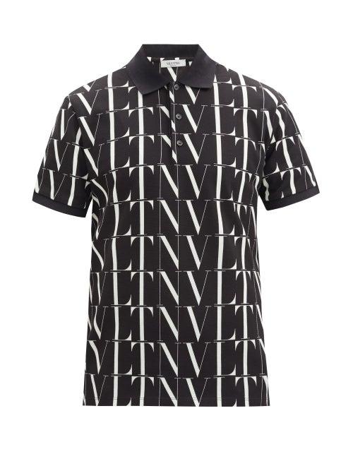 Matchesfashion.com Valentino - Vltn-print Cotton Polo Shirt - Mens - Black White