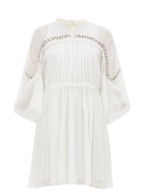 Matchesfashion.com Chlo - Embellished Pliss Silk Chiffon Mini Dress - Womens - Ivory