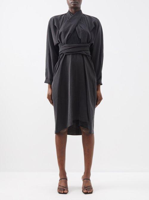 Lemaire - Wrap Washed Silk-blend Midi Dress - Womens - Black