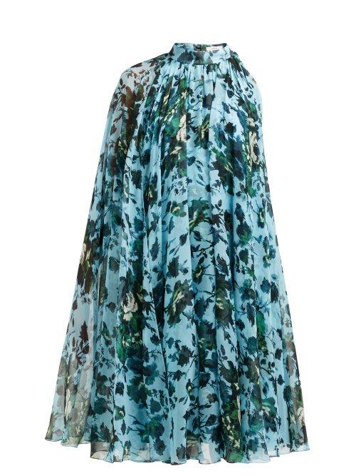 Matchesfashion.com Erdem - Brigitta Fitzy Rose Print Silk Voile Cape Dress - Womens - Blue Multi