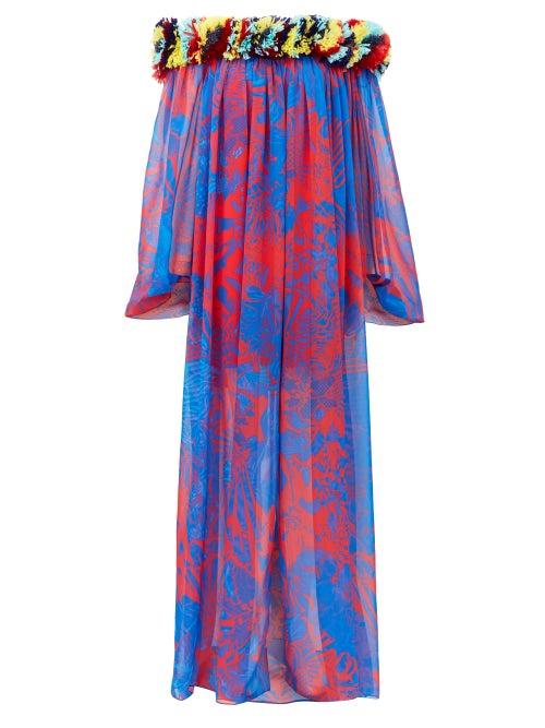 Matchesfashion.com Halpern - Floral-appliqu Abstract-print Chiffon Dress - Womens - Blue Print