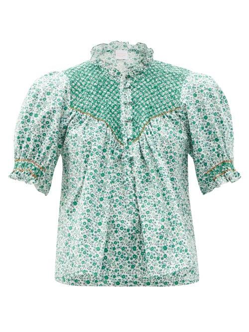 Ladies Beachwear Loretta Caponi - Milvia Shirred Floral-print Cotton-poplin Blouse - Womens - White Print